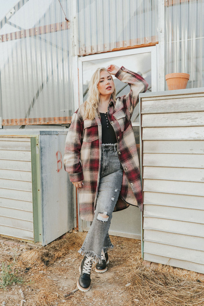 Watch You Go Plaid Coat- Burgundy
