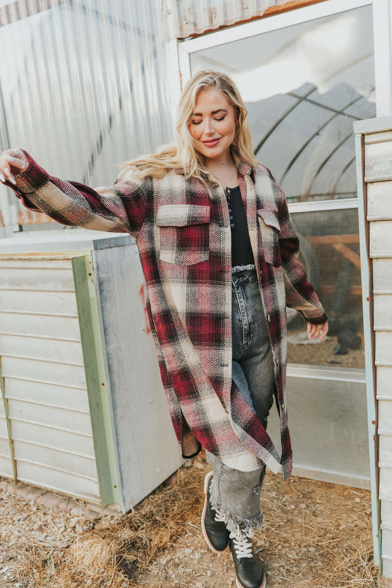 Watch You Go Plaid Coat- Burgundy
