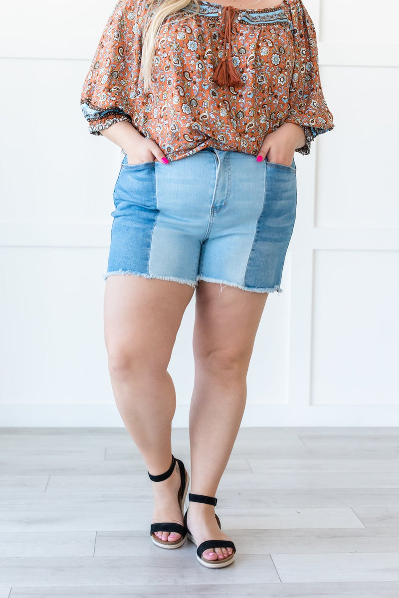At The Festival Contrast Denim Shorts