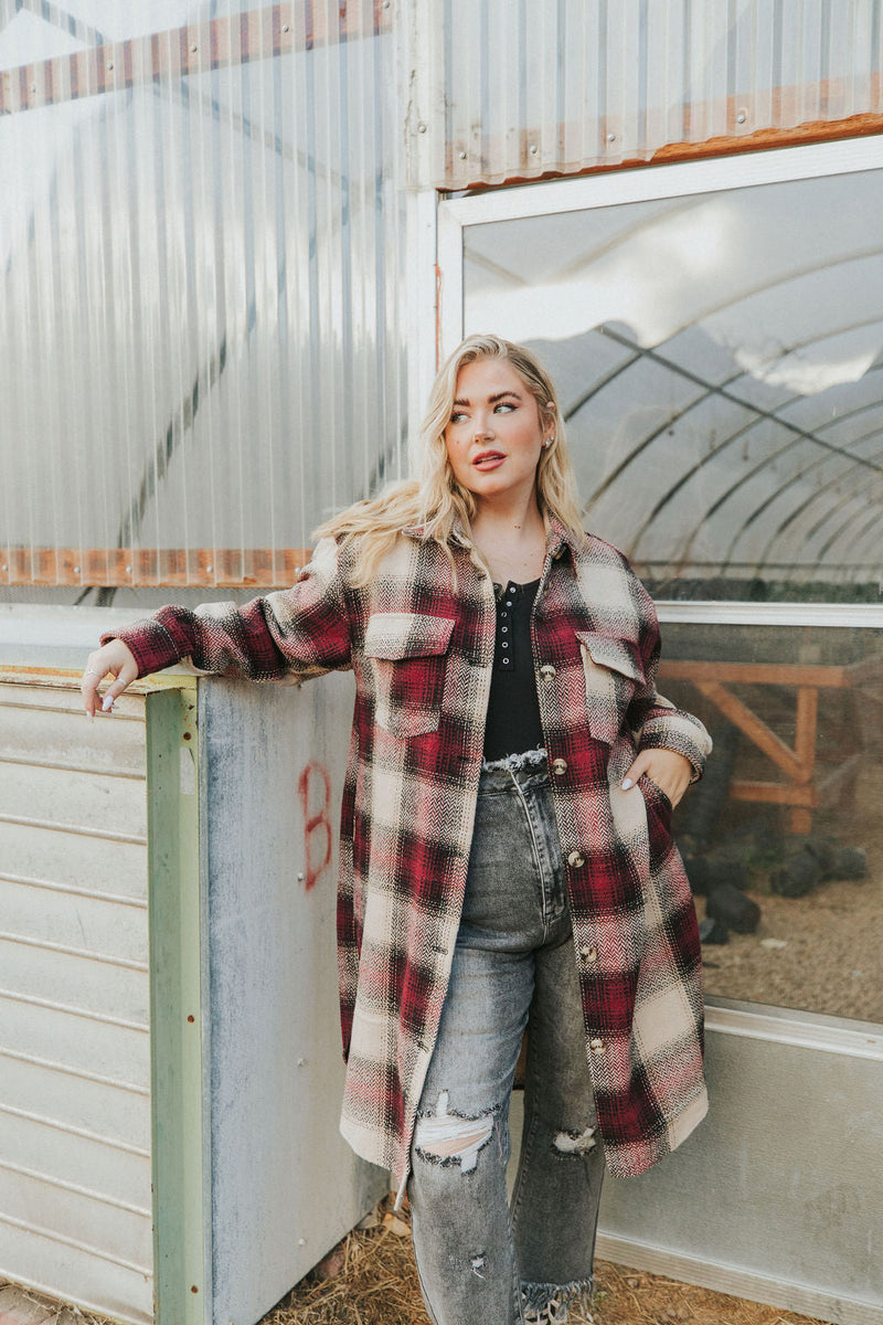 Watch You Go Plaid Coat- Burgundy