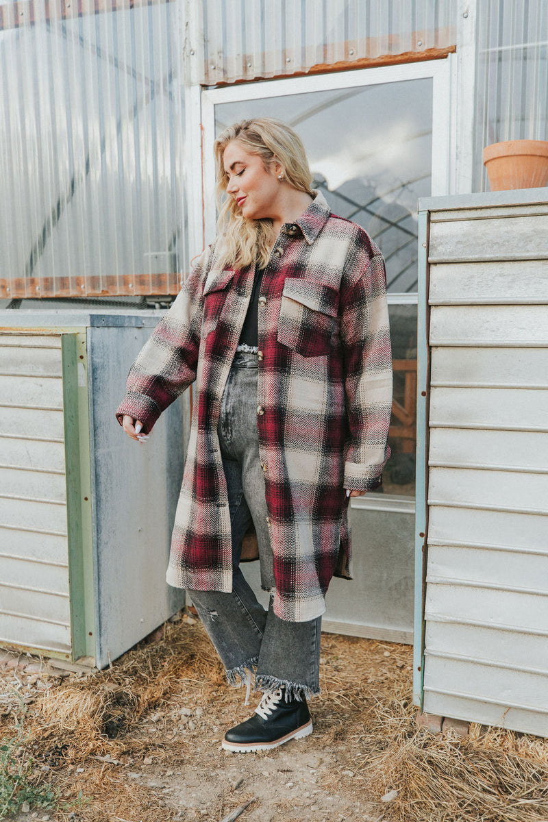 Watch You Go Plaid Coat- Burgundy