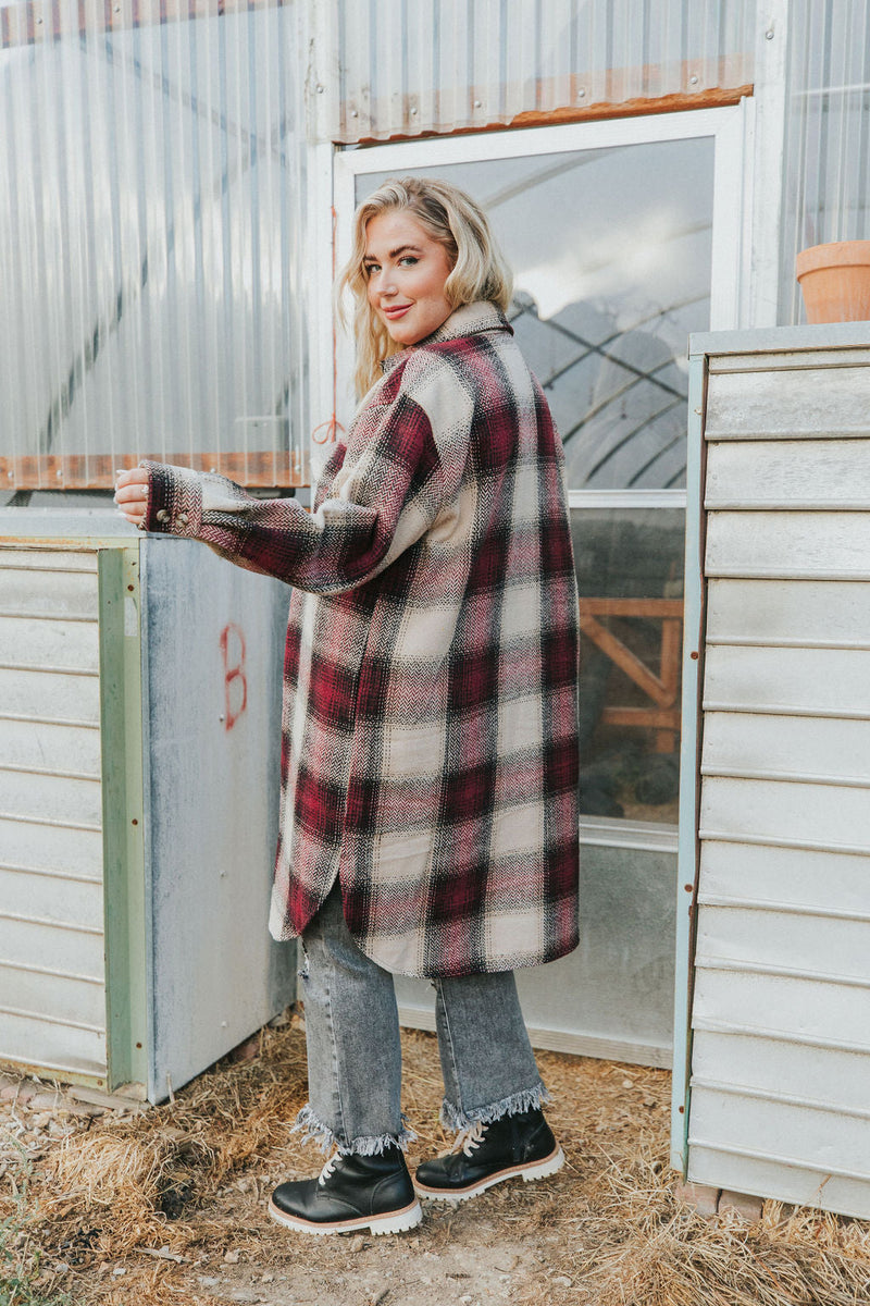 Watch You Go Plaid Coat- Burgundy