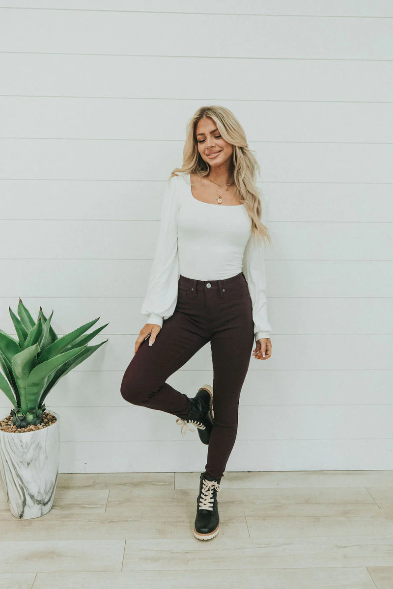 Step Right Up Hyper-Stretch Skinny Jeans - Plum