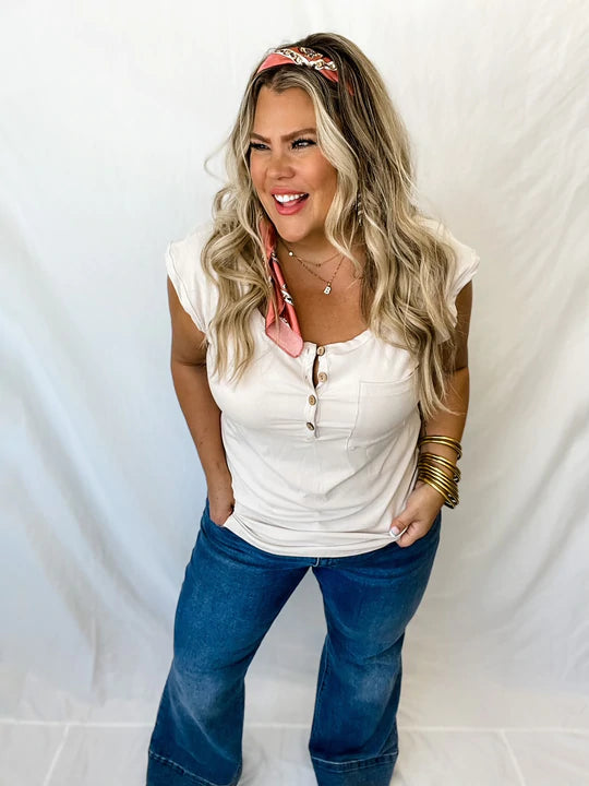 Lucy Ribbed Henley Top- Cream