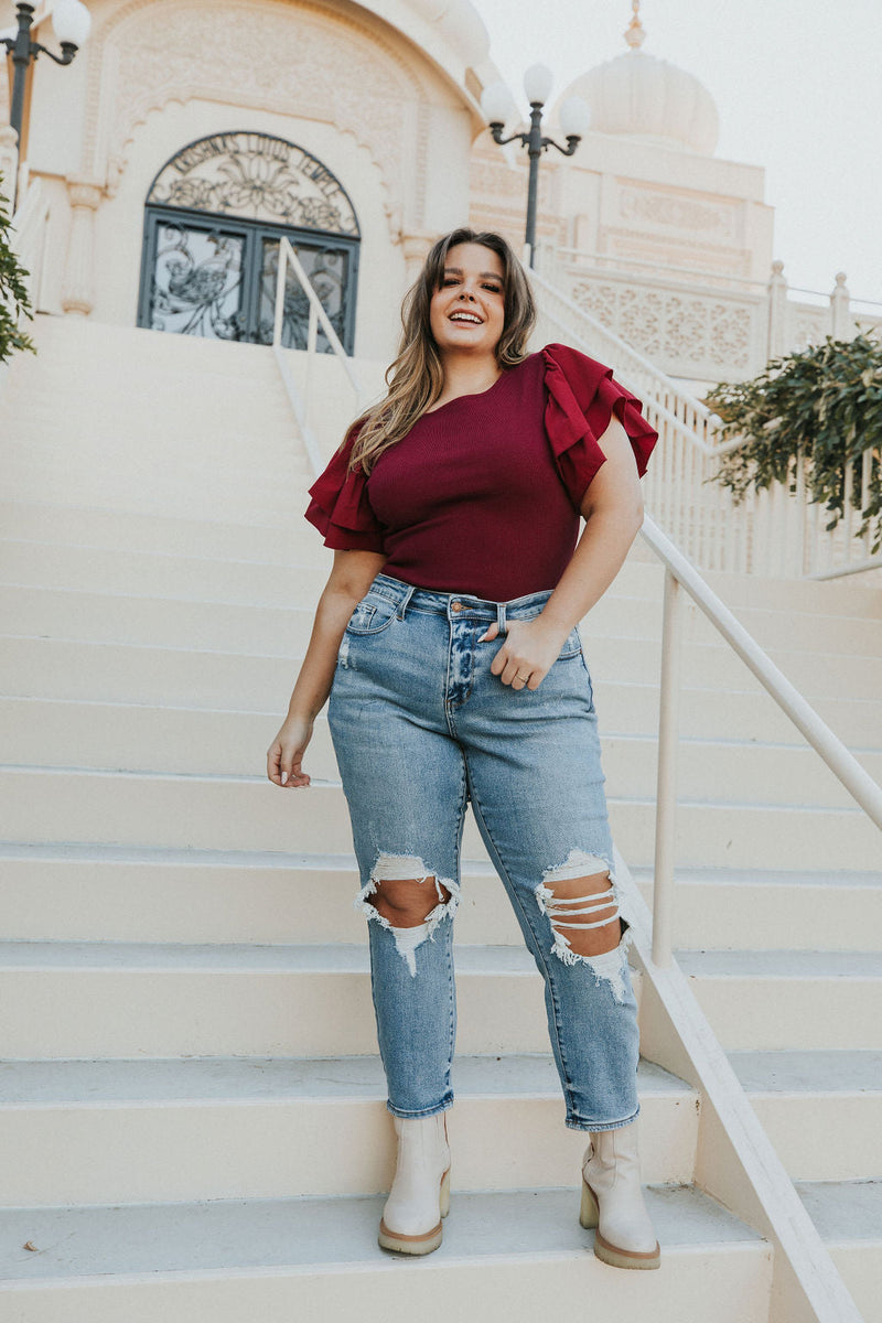 Reach Out Ruffle Sleeve Bodysuit - Merlot