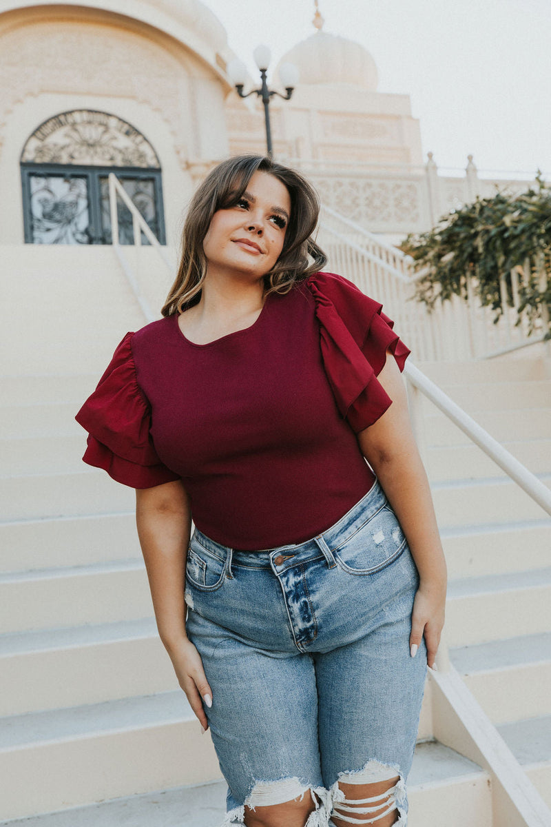 Reach Out Ruffle Sleeve Bodysuit - Merlot