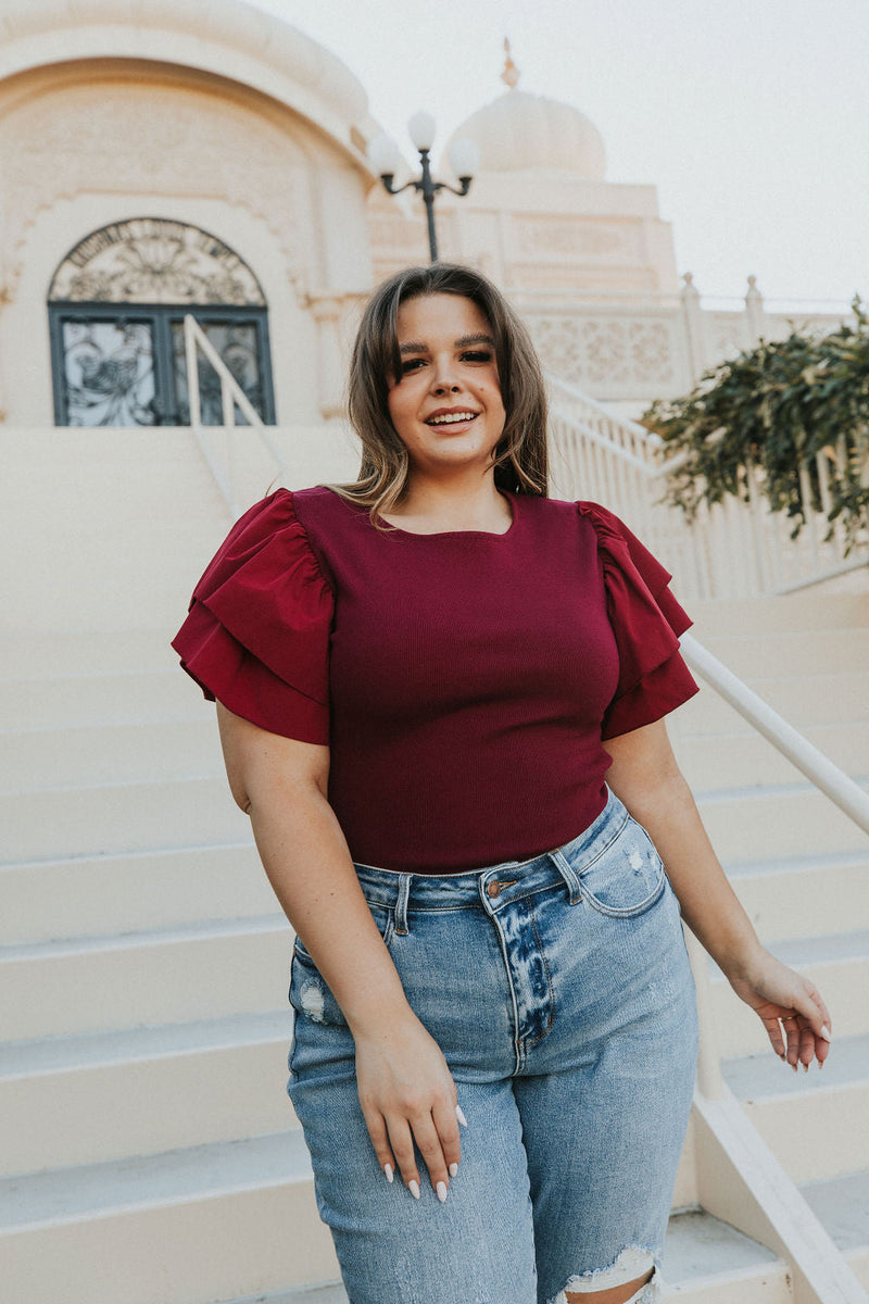 Reach Out Ruffle Sleeve Bodysuit - Merlot
