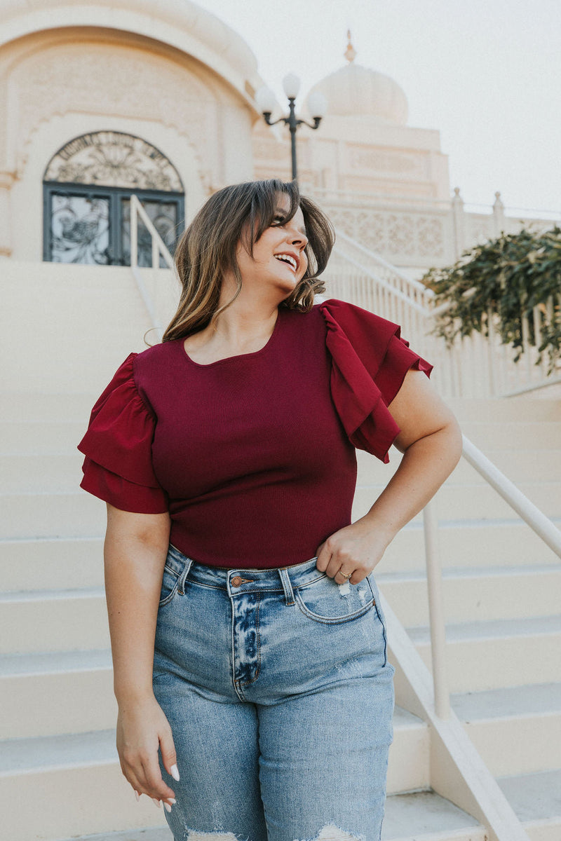 Reach Out Ruffle Sleeve Bodysuit - Merlot