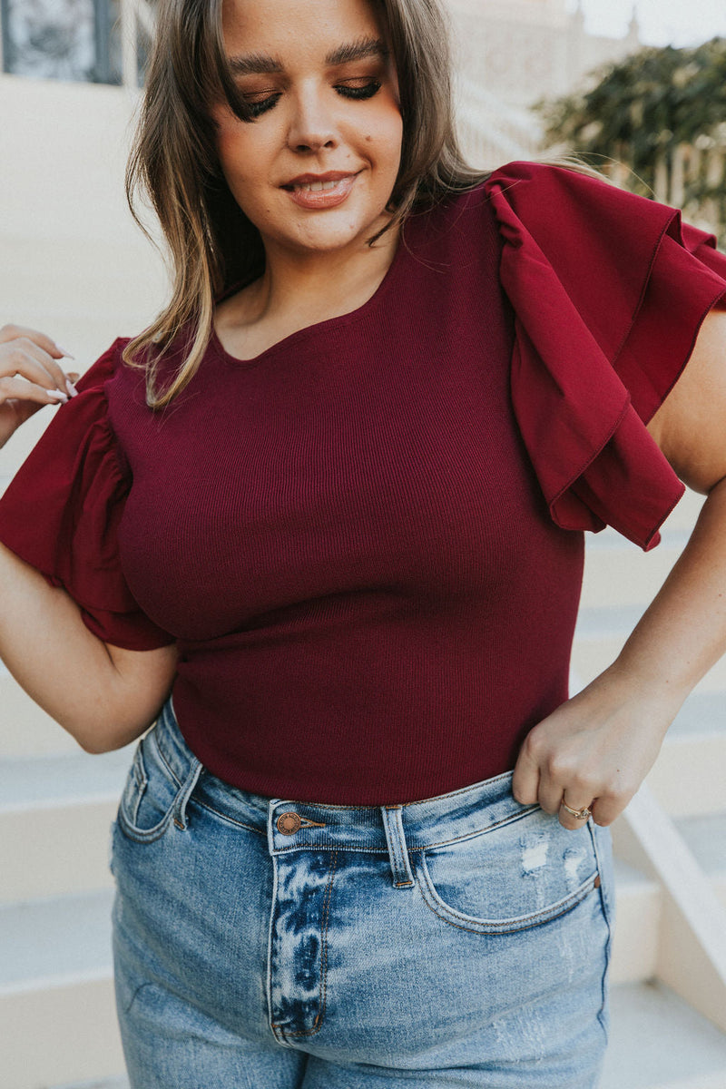 Reach Out Ruffle Sleeve Bodysuit - Merlot