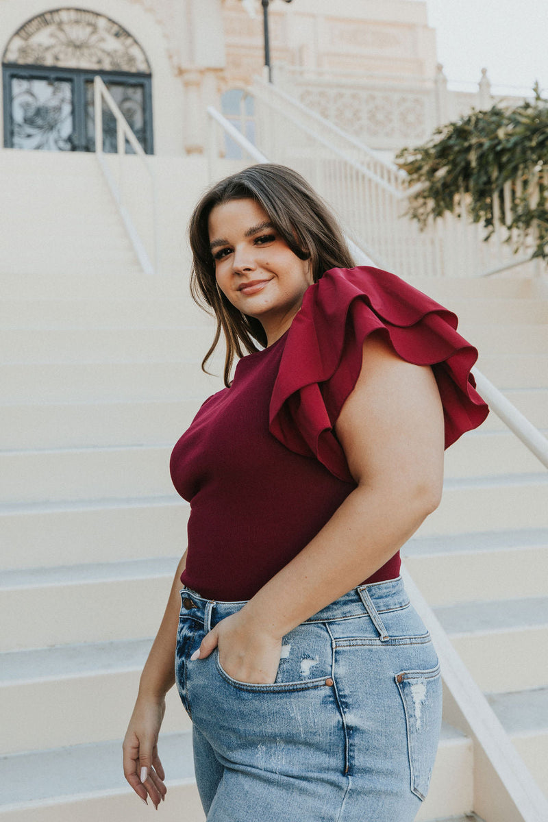 Reach Out Ruffle Sleeve Bodysuit - Merlot