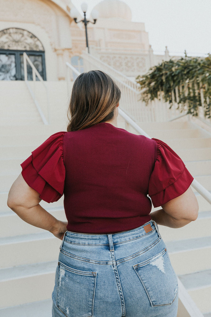 Reach Out Ruffle Sleeve Bodysuit - Merlot