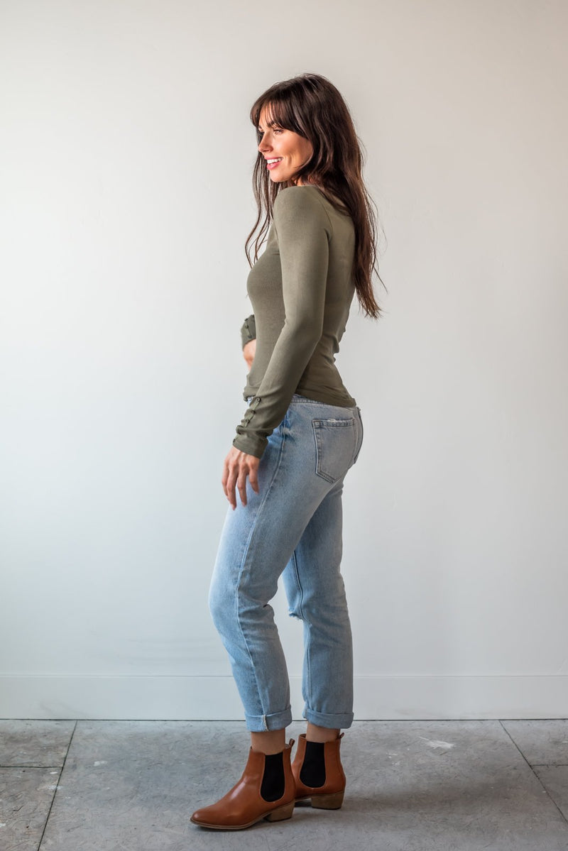 Good Move Button Sleeve Top- Olive