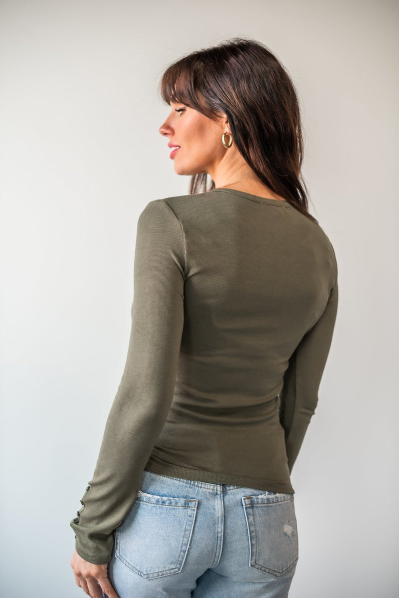 Good Move Button Sleeve Top- Olive