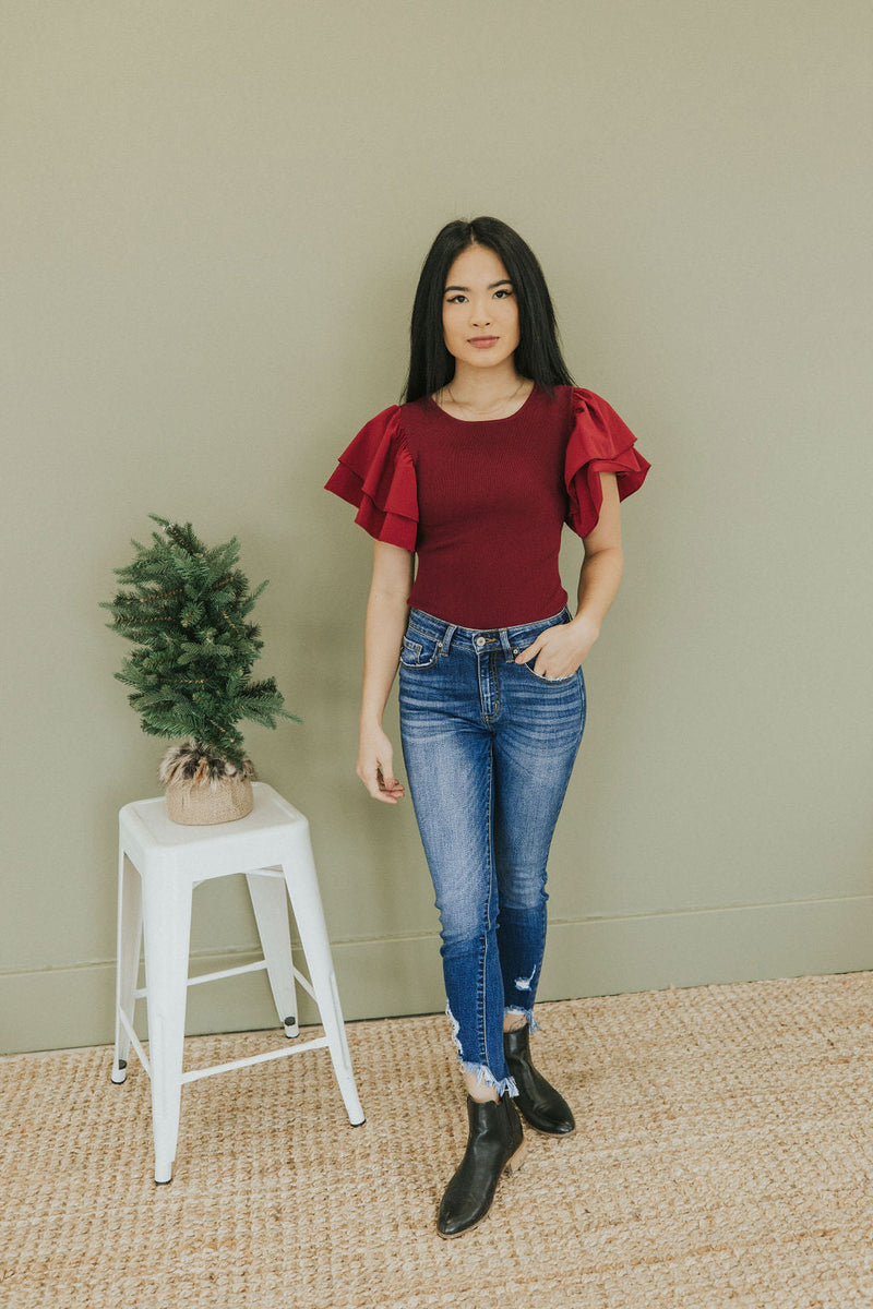 Reach Out Ruffle Sleeve Bodysuit - Merlot
