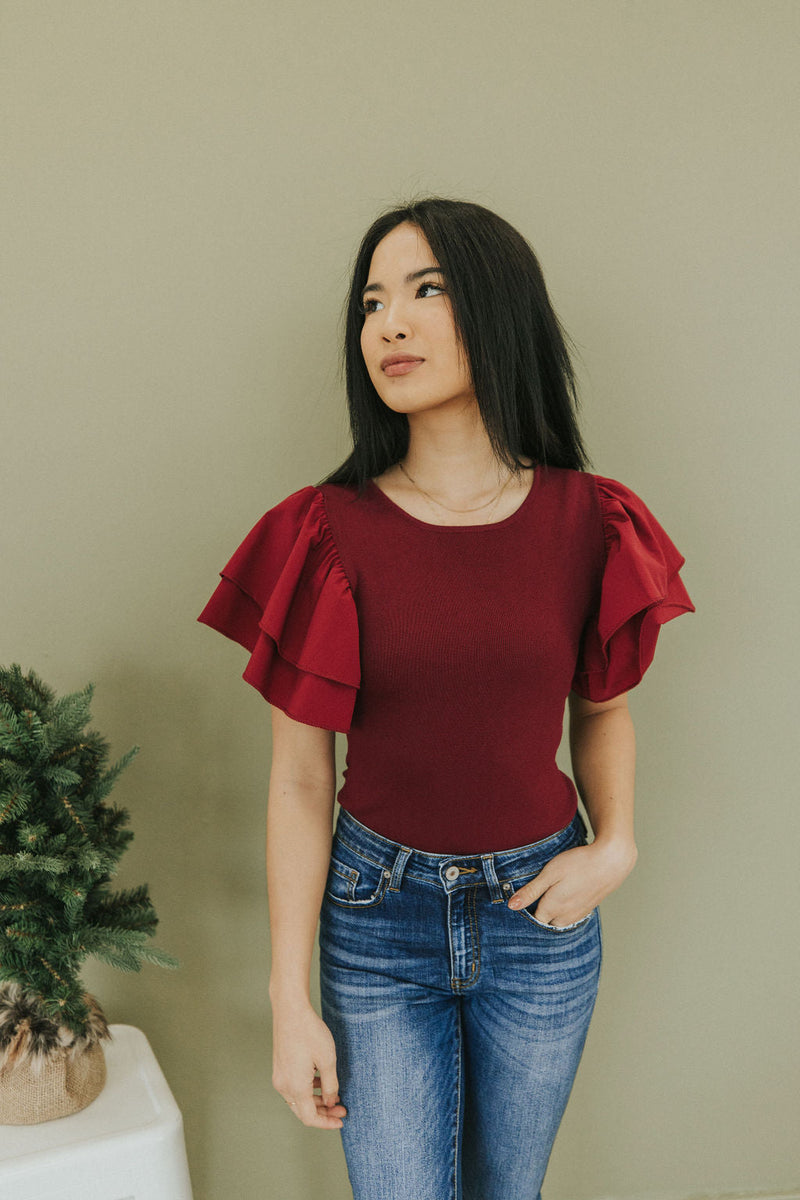 Reach Out Ruffle Sleeve Bodysuit - Merlot
