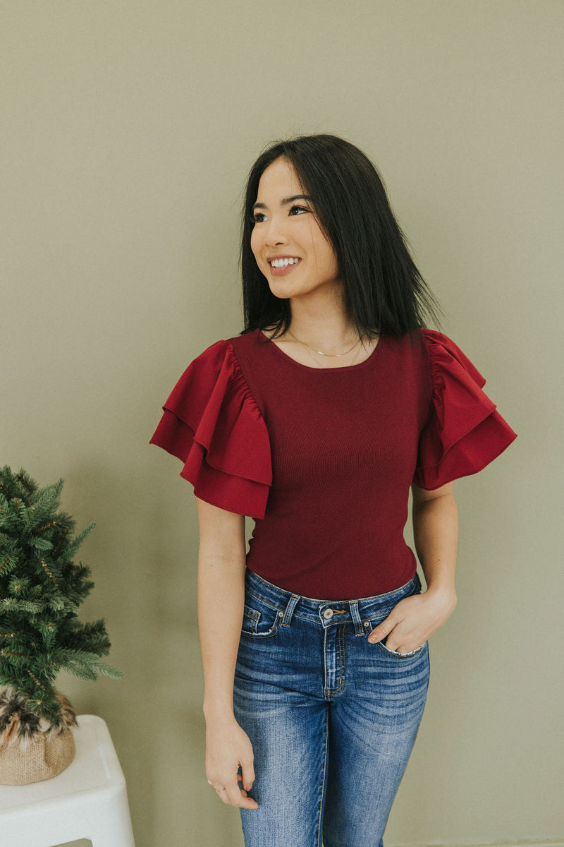 Reach Out Ruffle Sleeve Bodysuit - Merlot
