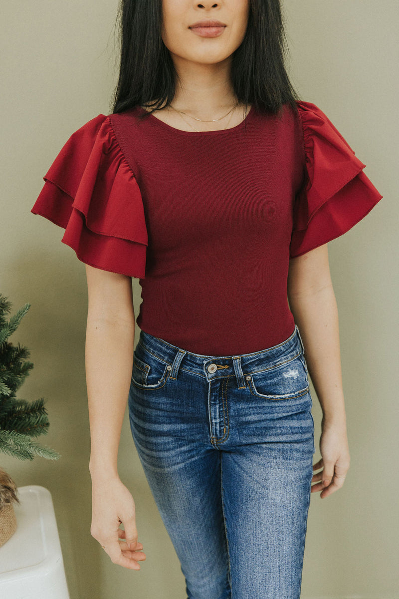 Reach Out Ruffle Sleeve Bodysuit - Merlot
