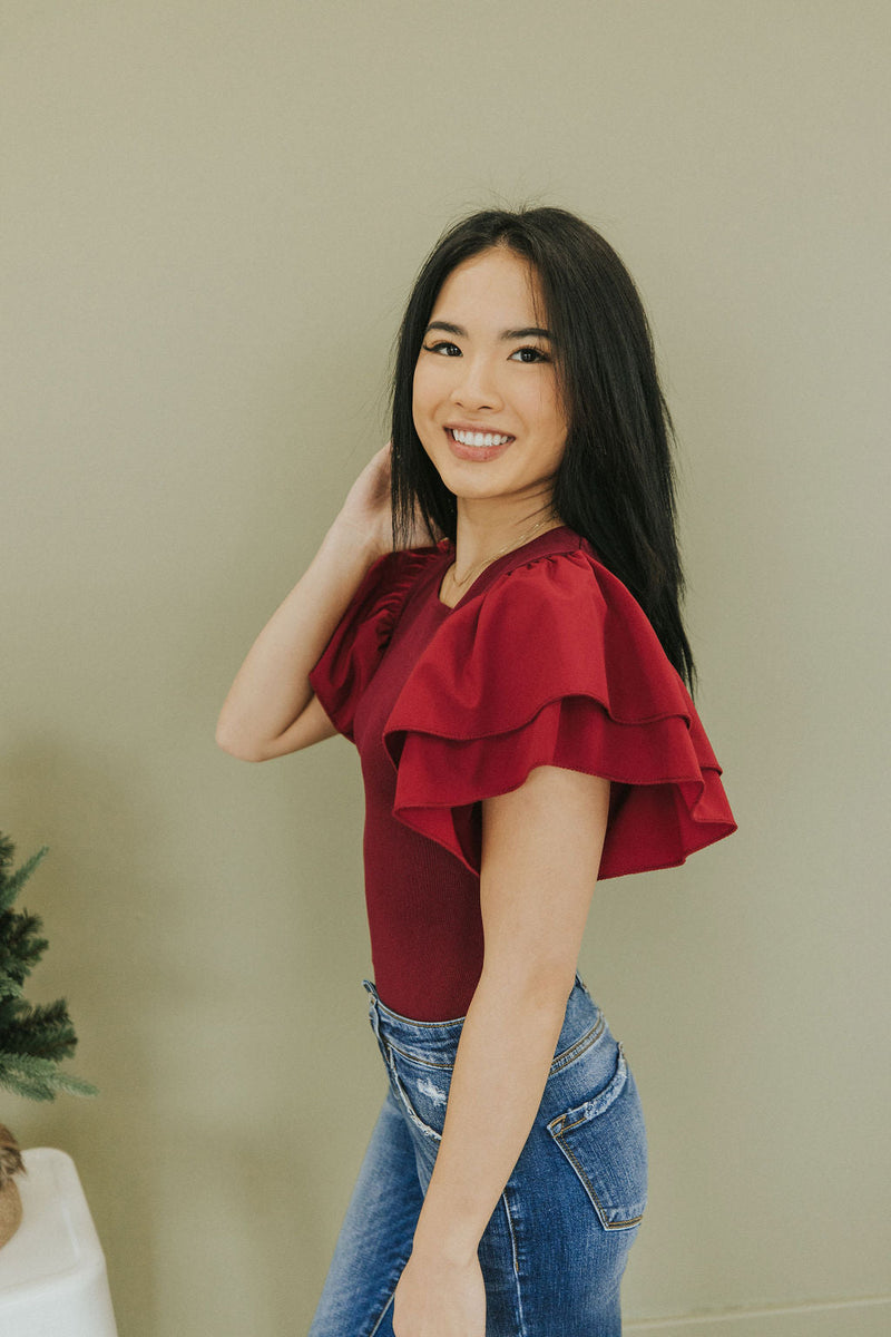Reach Out Ruffle Sleeve Bodysuit - Merlot