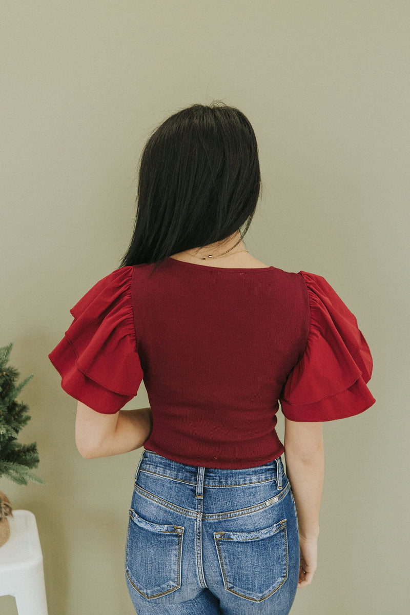 Reach Out Ruffle Sleeve Bodysuit - Merlot
