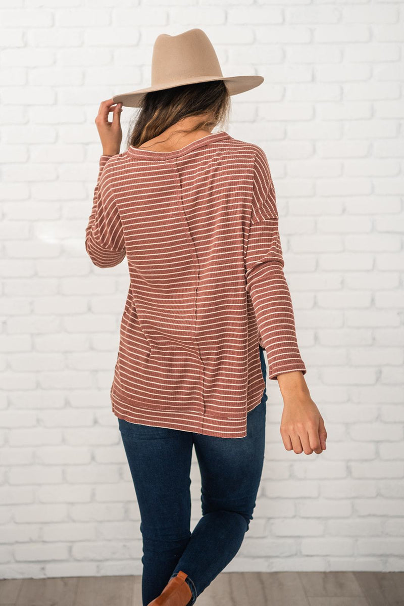 Keep it Casual Ribbed Striped Top- Rust and Ivory
